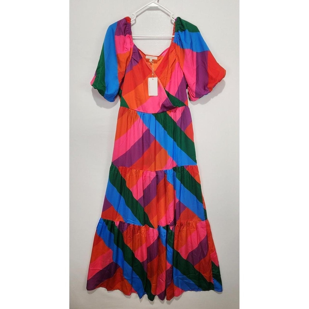 Skies Are Blue Women's M Multicolor Striped Tiered Maxi Dress Puff Sleeve NWT - Picture 1 of 7